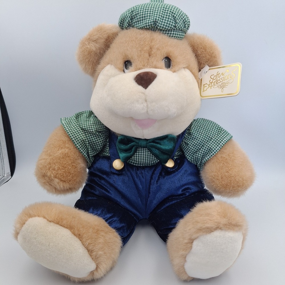 VTG Dan Dee Teddy Bear Soft Expressions Plush 16" Tall With Tags Plaid Shirt Hat